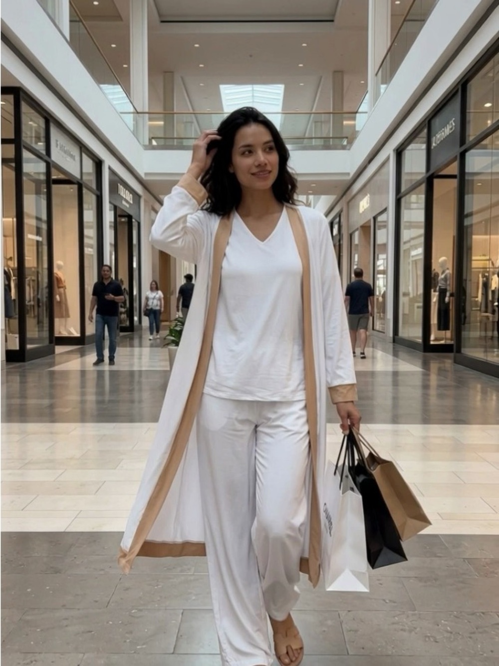 White Lounge Set with Beige Trim Robe
